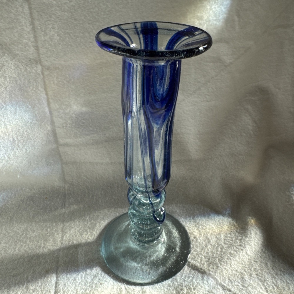 Unbranded Handblown Swirl Glass Bud Vase/Candle Holder 7.5" Tall Cobalt Bubbles